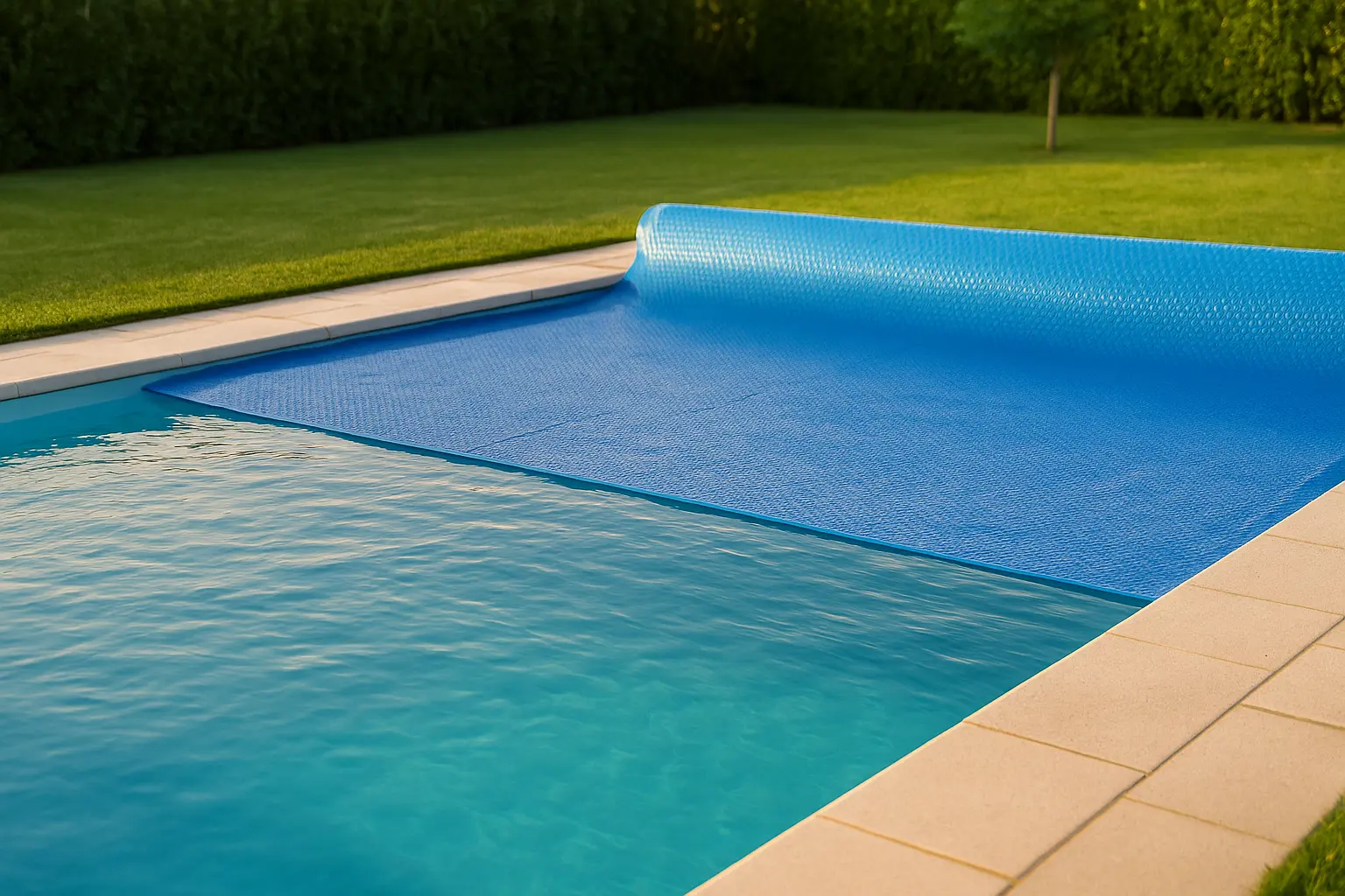 Piscina parcialmente cubierta con lona de burbujas azul para conservar el calor del agua y prolongar la temporada de baño.