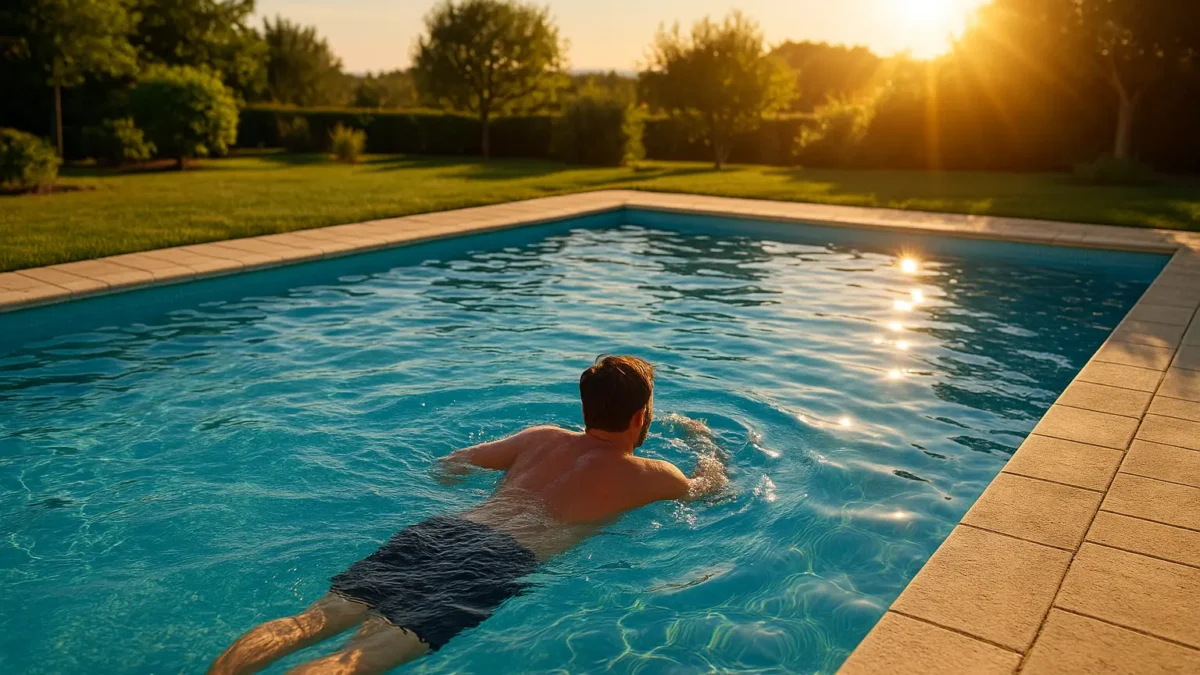 Hombre disfrutando de un baño en piscina privada al atardecer en septiembre, con agua cristalina y ambiente cálido de final de verano.