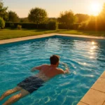 Hombre disfrutando de un baño en piscina privada al atardecer en septiembre, con agua cristalina y ambiente cálido de final de verano.
