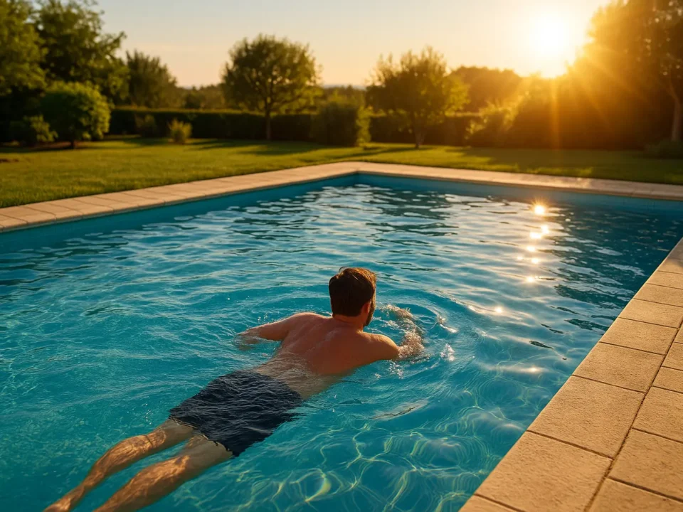 Hombre disfrutando de un baño en piscina privada al atardecer en septiembre, con agua cristalina y ambiente cálido de final de verano.
