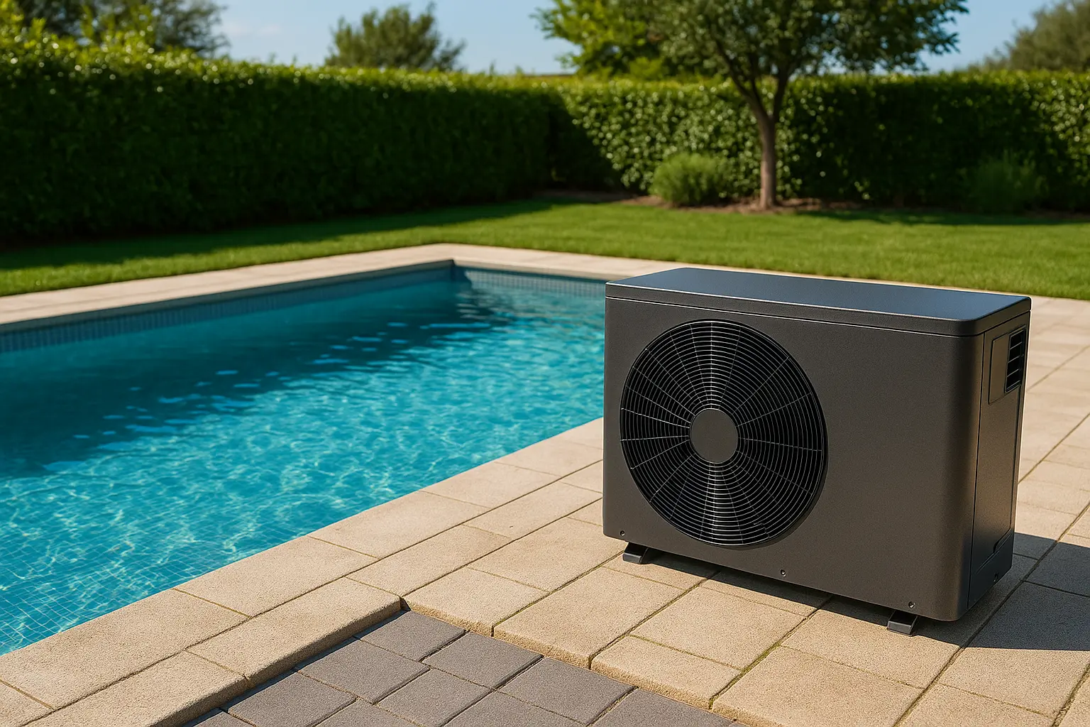 Bomba de calor instalada junto a piscina limpia, utilizada para alargar la temporada de baño manteniendo el agua a temperatura ideal.