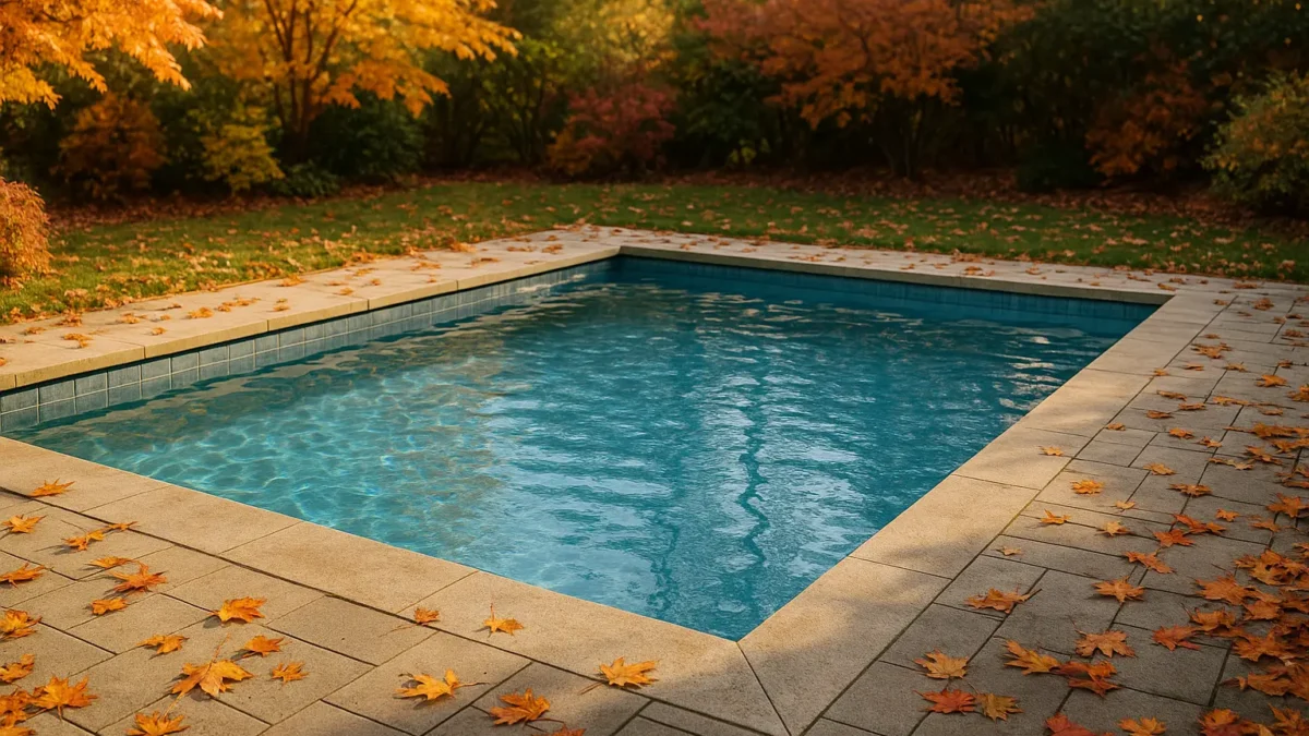Piscina limpia de obra rodeada de hojas secas de otoño con árboles de colores cálidos al fondo.