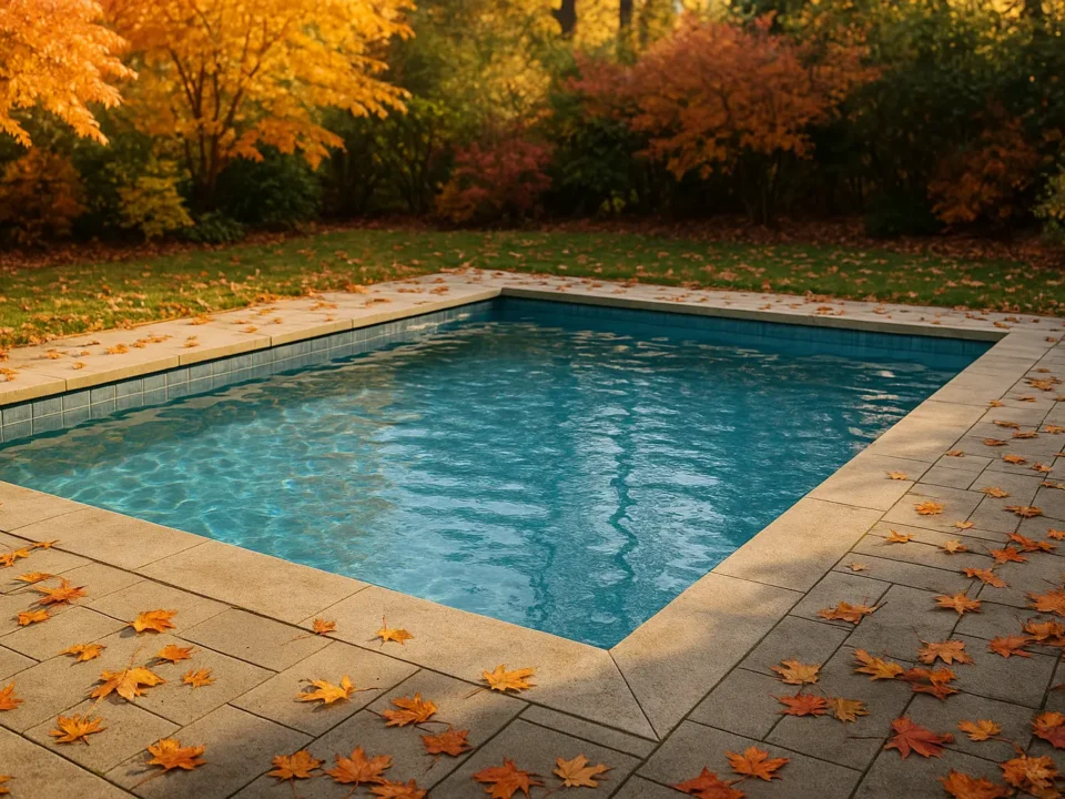 Piscina limpia de obra rodeada de hojas secas de otoño con árboles de colores cálidos al fondo.