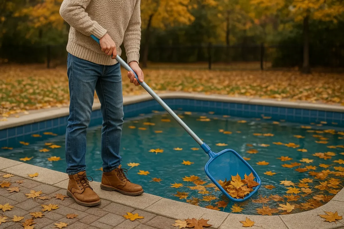Persona limpiando hojas secas de una piscina con red durante el otoño, rodeada de árboles y césped con tonos otoñales.