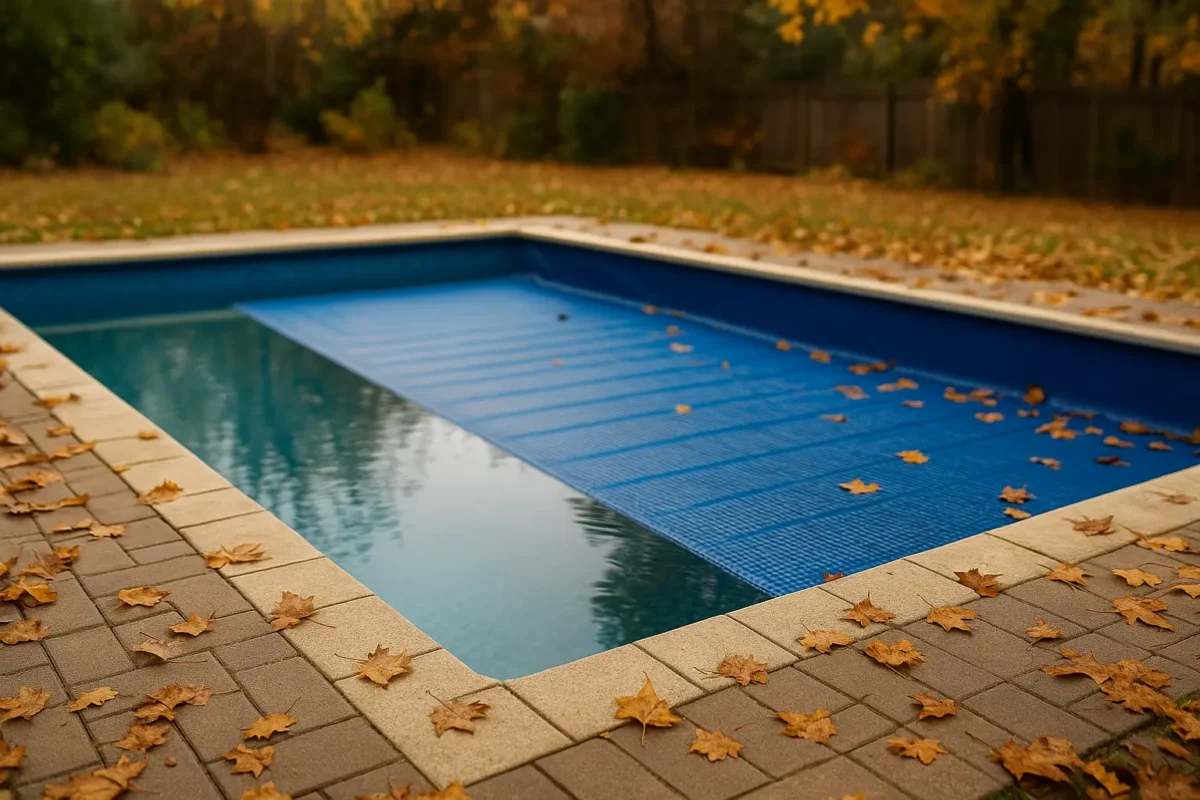 Piscina parcialmente cubierta con lona azul de invierno y hojas secas de otoño alrededor del borde.