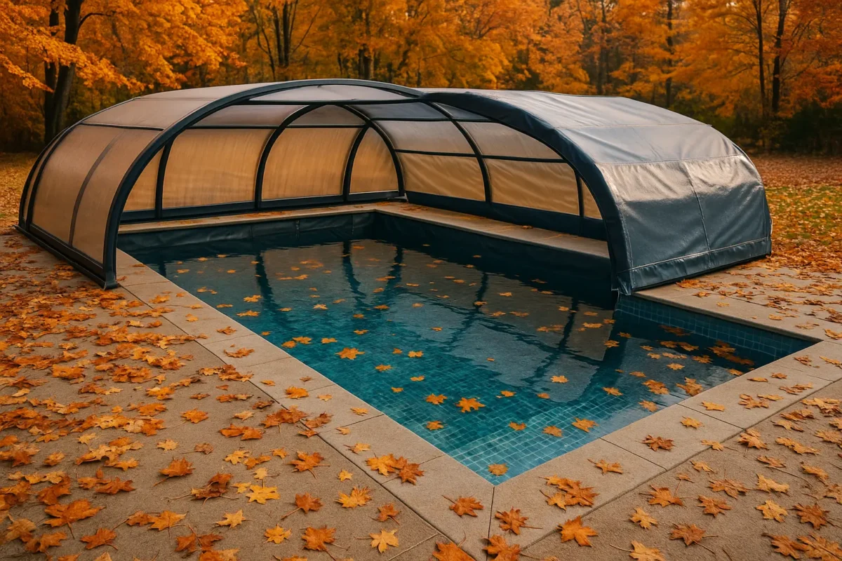 Piscina en otoño cubierta de hojas secas con cubierta telescópica instalada para protección.