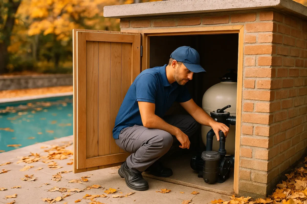 Técnico revisando el equipo de filtración de piscina dentro de una caseta técnica junto a la piscina.