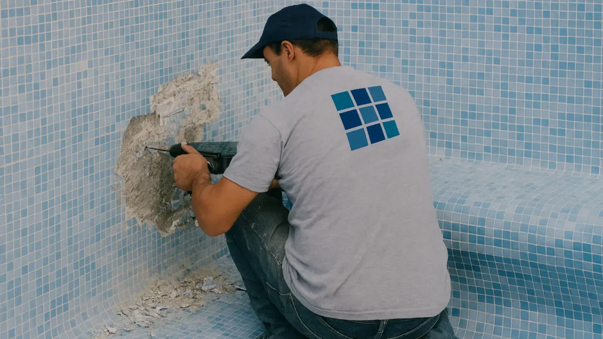 Operario con pistolete retirando gresite de la pared de una piscina vacía en proceso de reparación.