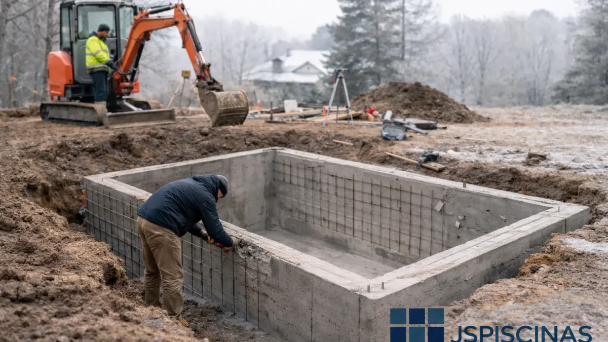 Construcción de piscina de obra en invierno con trabajos de excavación y planificación para el verano