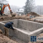 Construcción de piscina de obra en invierno con trabajos de excavación y planificación para el verano