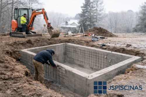 Construcción de piscina de obra en invierno con trabajos de excavación y planificación para el verano