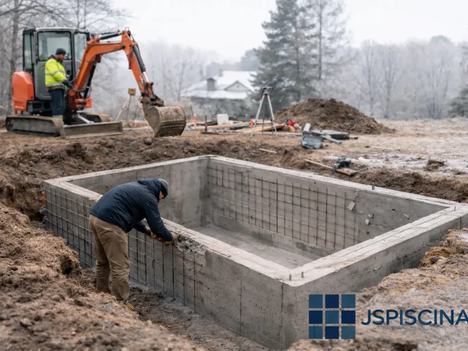 Construcción de piscina de obra en invierno con trabajos de excavación y planificación para el verano