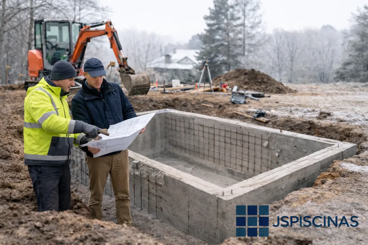 Planificación y construcción de piscina de obra en invierno con técnicos revisando planos en la fase inicial del proyecto