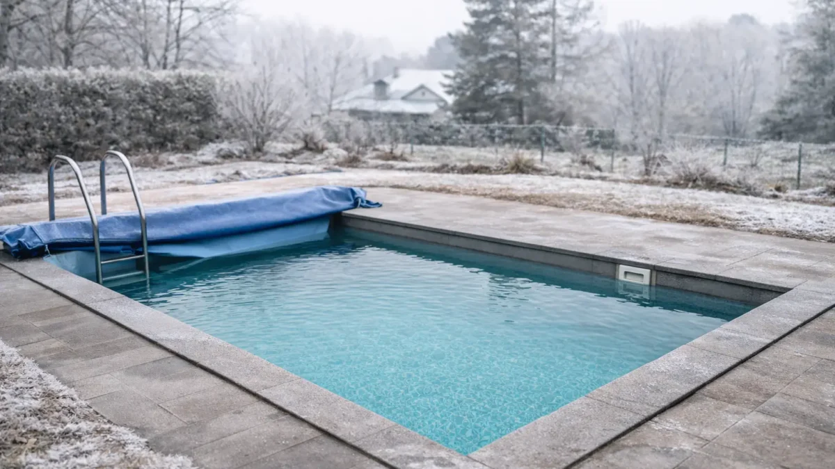 Piscina en invierno con agua limpia y parcialmente cubierta durante el mantenimiento invernal