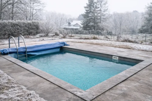 Piscina en invierno con agua limpia y parcialmente cubierta durante el mantenimiento invernal