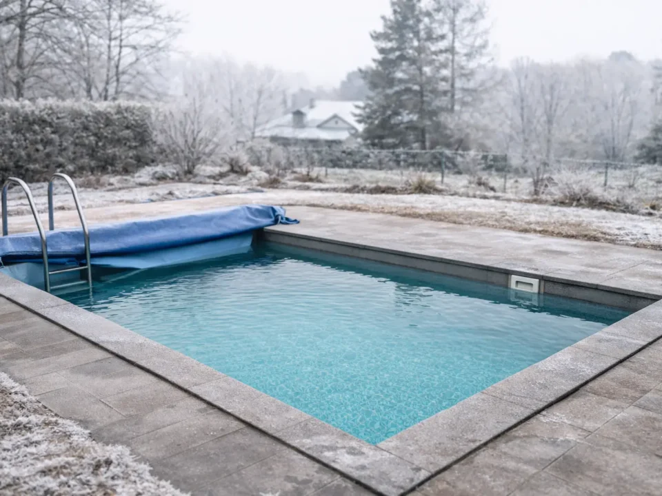 Piscina en invierno con agua limpia y parcialmente cubierta durante el mantenimiento invernal