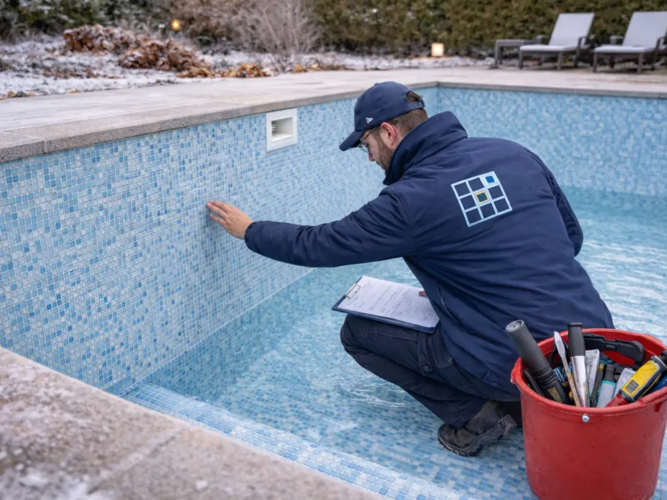 Técnico de mantenimiento revisando piscina vacía en invierno para detectar daños en gresite