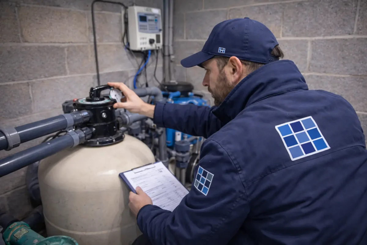 Técnico revisando equipo de filtración y filtro de arena en mantenimiento de piscina en invierno