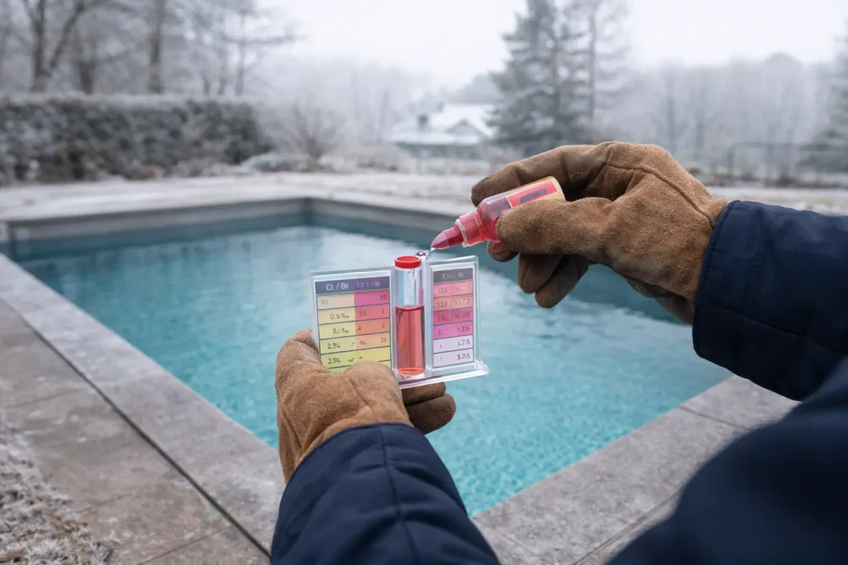 Comprobación del pH en piscina durante el invierno para mantener el agua sin vaciarla