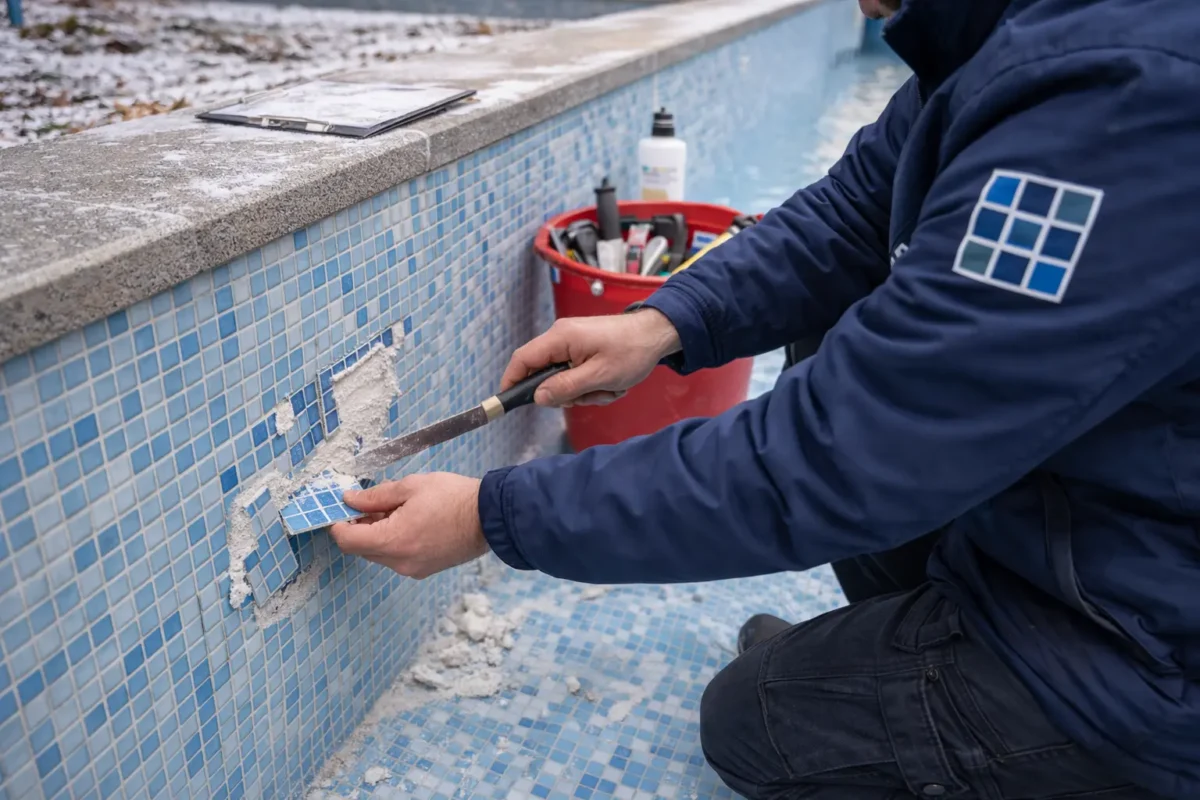Reparación de gresite en piscina durante el invierno realizada por técnico especializado