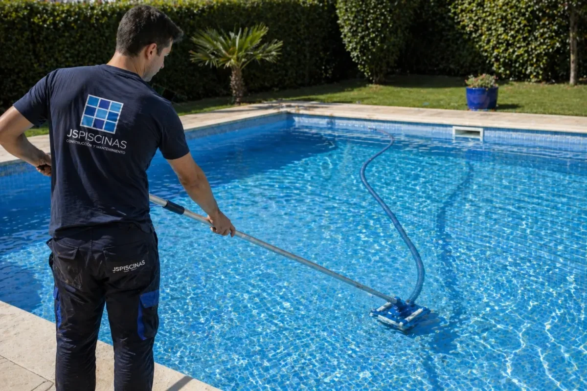 Limpieza de fondo de piscina con limpiafondos durante la puesta a punto de primavera