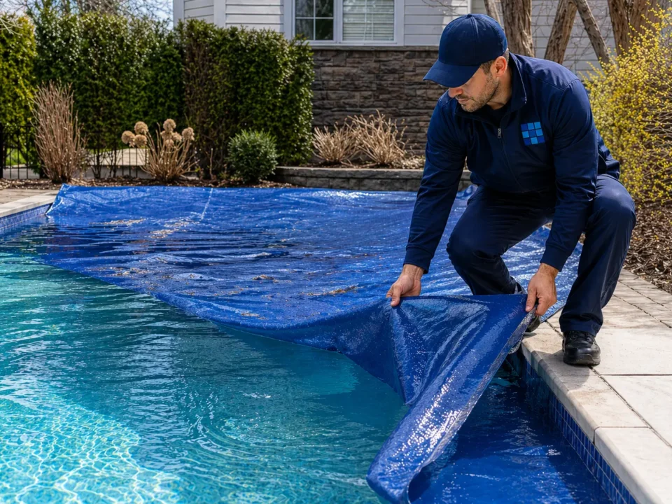 Retirada de cubierta en piscina durante la puesta a punto tras el invierno